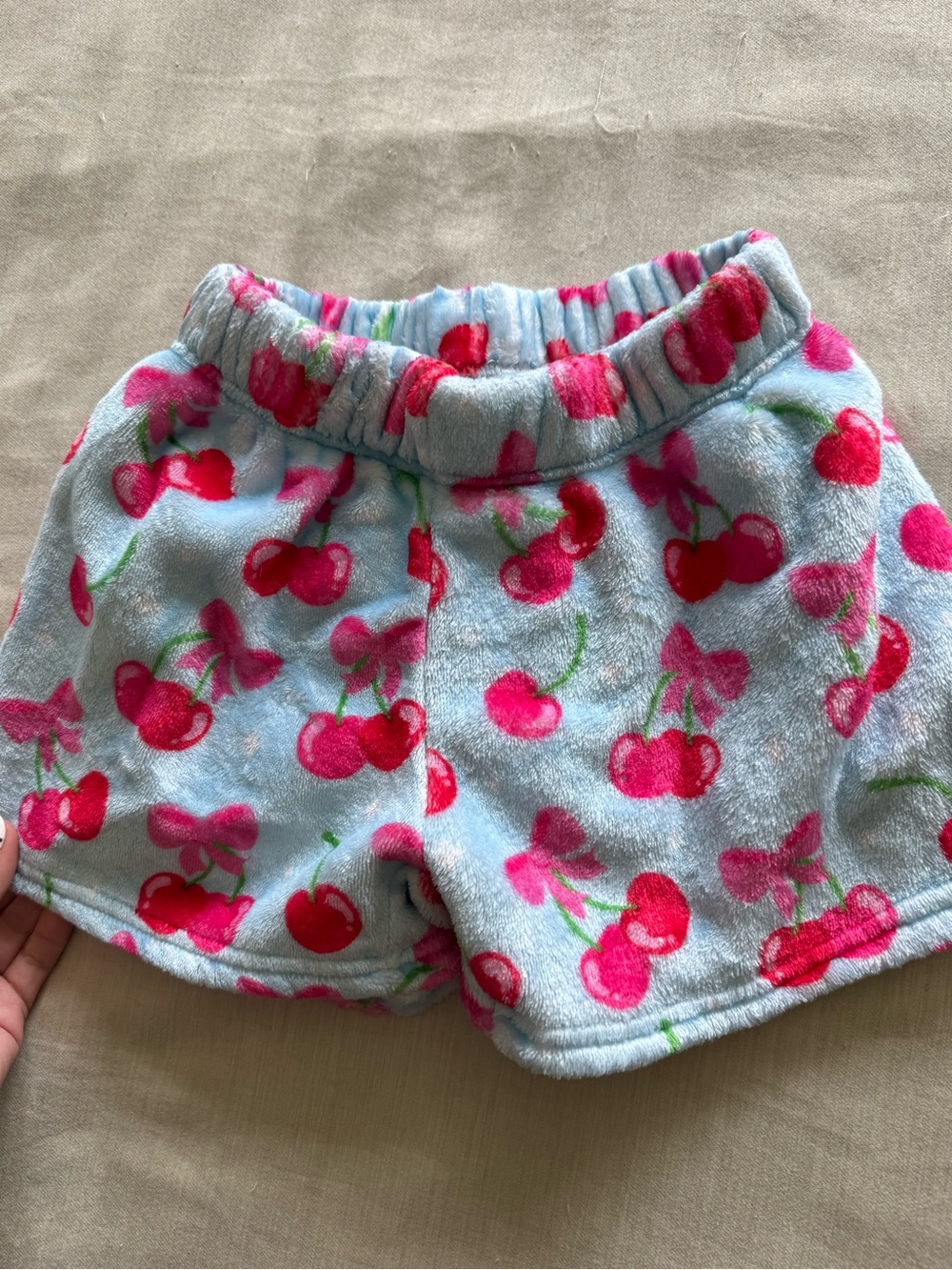 Plush Cherry Print Pajama Shorts - Light Blue & Pink